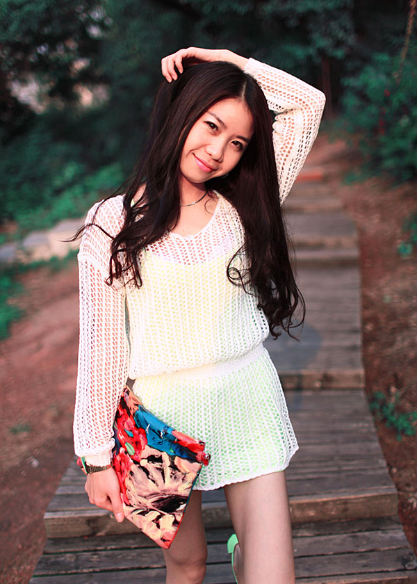 New arrival! spring neon color fishing net cutout crochet sweater tunic shirt a8399 free shipping