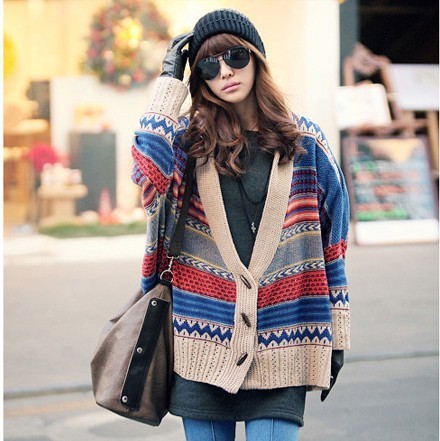 New arrival spring stripe batwing shirt fashion vintage loose plus size rainbow outerwear female womens sweaters fashion 2013
