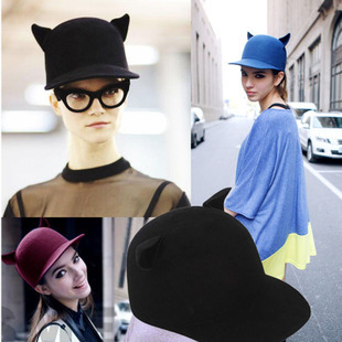 New arrival. Street style small little demon cat ears cap pure sheep small flat brim woolen fedoras dome equestrian cap