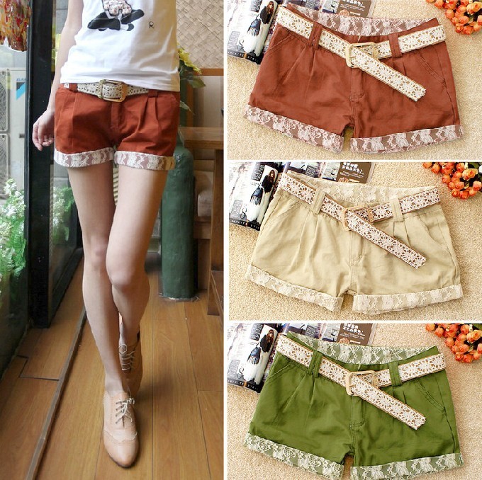 New arrival summer 2012 fashion all-match multicolour 100% cotton popular lace low-waist shorts with belt