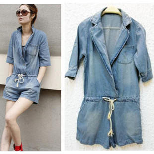 New arrival summer hot collar demin jumpsuits women graceful rompers jeans cotton 100% quality guaranteed free shipping T0075