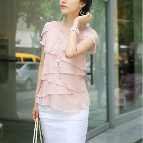 New Arrival Super Plus Size Chiffon Ruffles Patchwork Women Blouse Short Butterfly Sleeves White,Black,Pink Women Tops Shirts