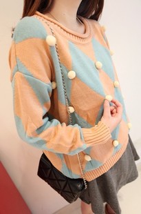 new arrival thermal color block ball vintage sweater pullover double layer sweater multicolour ball sweater