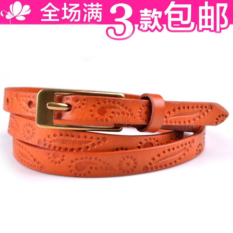 New arrival thin belt first layer of cowhide embossed tieclasps strap genuine leather women's sweater belt