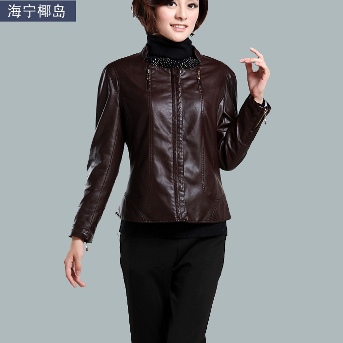 New arrival top autumn short design o-neck leather clothing female mother clothing plus size short jacket leather jacket female