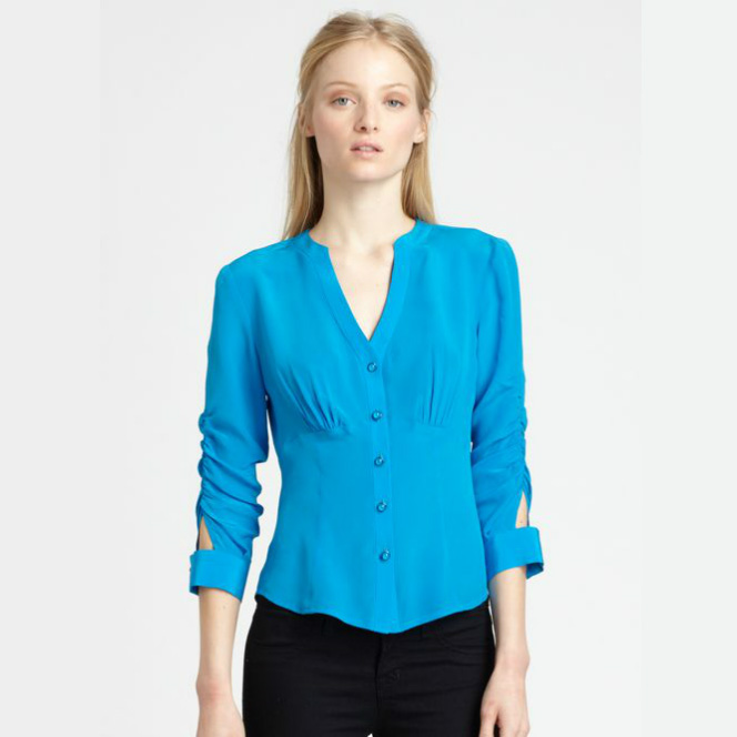 New arrival Turquoiseturquoise slim v stand collar pleated three quarter sleeve female chiffon shirt