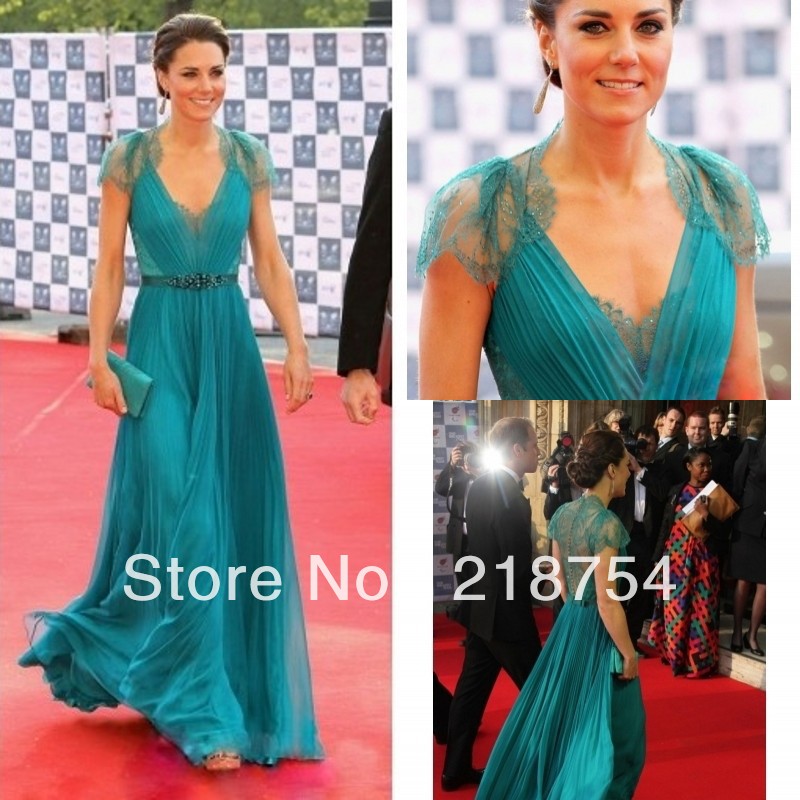 New Arrival V-neck Cap Sleeve A-line Floor Length beaded Lace Blue Chiffon Empire Elegant Formal Celebrity Dresses Evening Gowns