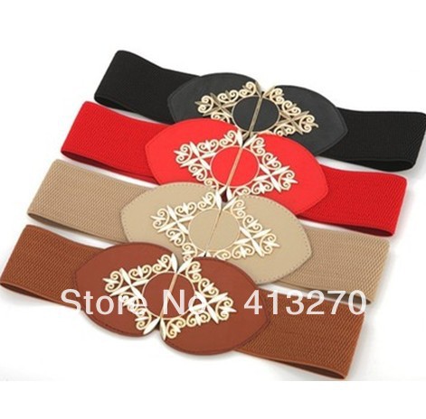 NEW arrival Vintage Women and Ladies Fashion Metal Gold Buckle Elastic Wide Waist Leather Belt Wholesale Free shipping