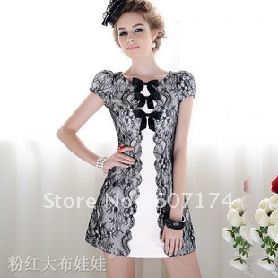 New arrival white Women's black lace petal bow bubble short-sleeve dress OL dress Size:S-L Free shiping