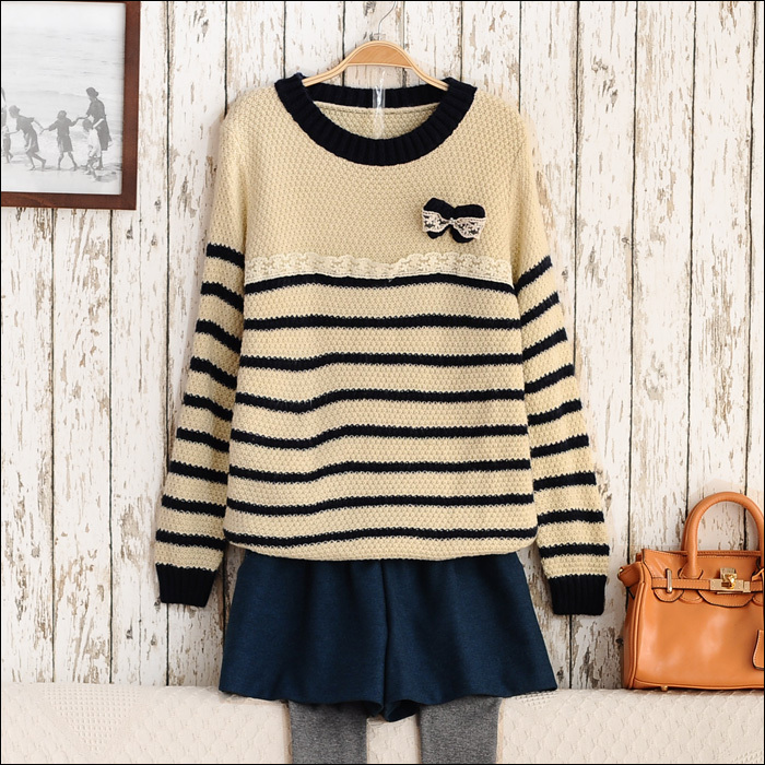 New arrival Wholesale Colors Fashion Lady Women S5015 spring 2013 sweet lace bow decoration stripe long-sleeve sweater female