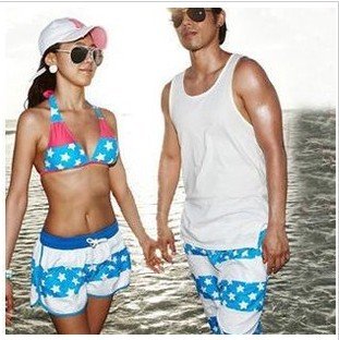 New Arrival Wholesale Couple Men/women Fashion Hot Board Shorts 2pcs/set Sexy Beach Shorts White&Blue 8017 Free Shipping