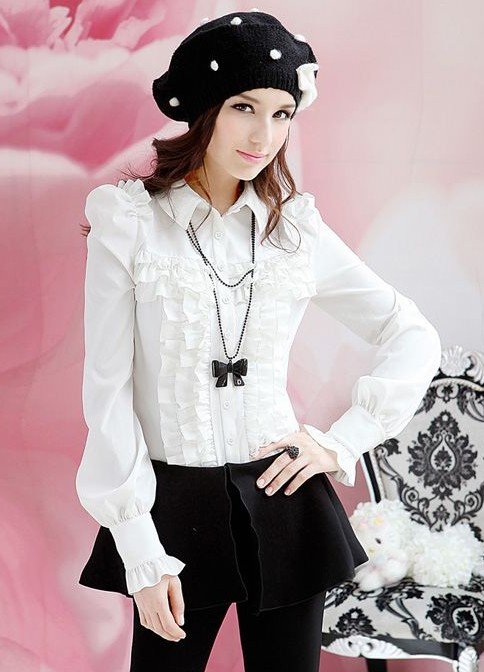 New arrival Wholesale Korean fashion Solid white Ruffles blouses for women 2012 ladies blouse Free shipping
