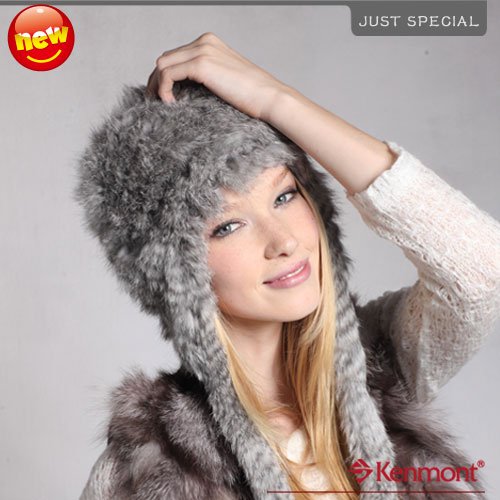 New Arrival Winter Earflap Hat, Hand Knitted Rabbit Fur Earflap Beanie Kenmont-1243-04 Grey