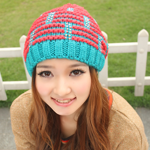 New arrival winter hat female autumn and winter stripe knitted hat with diamond pocket hat knitted hat