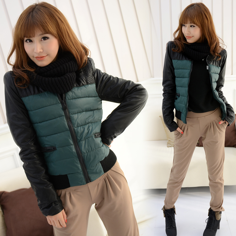 New arrival Winter women's faux leather color block decoration thick wadded jacket outerwear muffler scarf af2-3-4