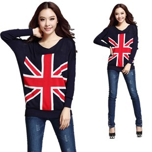 New arrival women casual fashion slim flag autumn pattern medium-long knitted round neck long sleeve sweater basic shirt