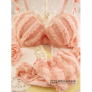 New Arrival Women Cute Orange Pink Warm Plush Bra Set,Sexy Underwear,Free Shipping