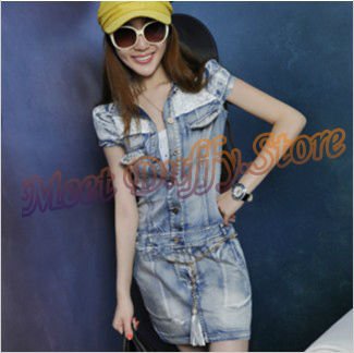 New Arrival Women Denim Dress 2012 Lady Diamond pearl Lace Bull-puncher Dress Short Sleeve Shirt Dress