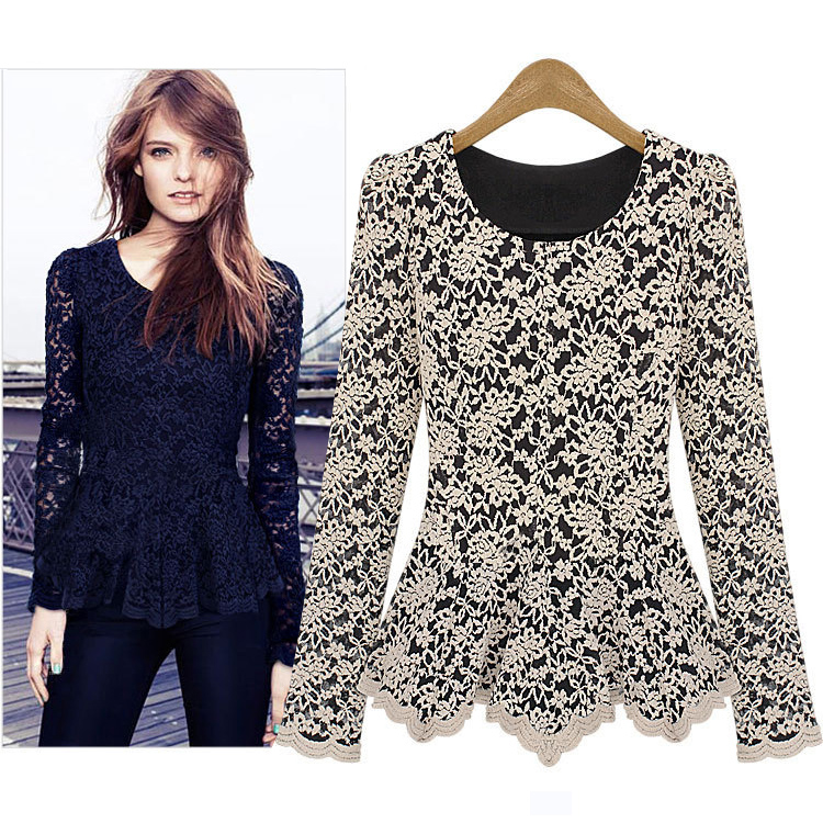 New arrival women elegant fashion slim autumn lace hook flower vintage color long sleeve tops and blouses shirts free shipping