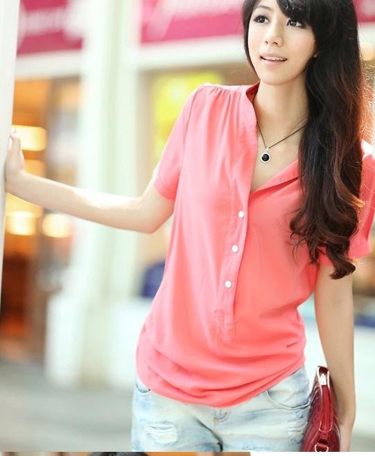 new arrival women fashion dresses shirt short sleeves mandarin collar blouses top t-shirt  lady chiffon blouses 3722