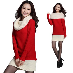 New arrival women fashion slim elegant spring autumn novelty splicing knitted pullover turtleneck wool long sweater dress