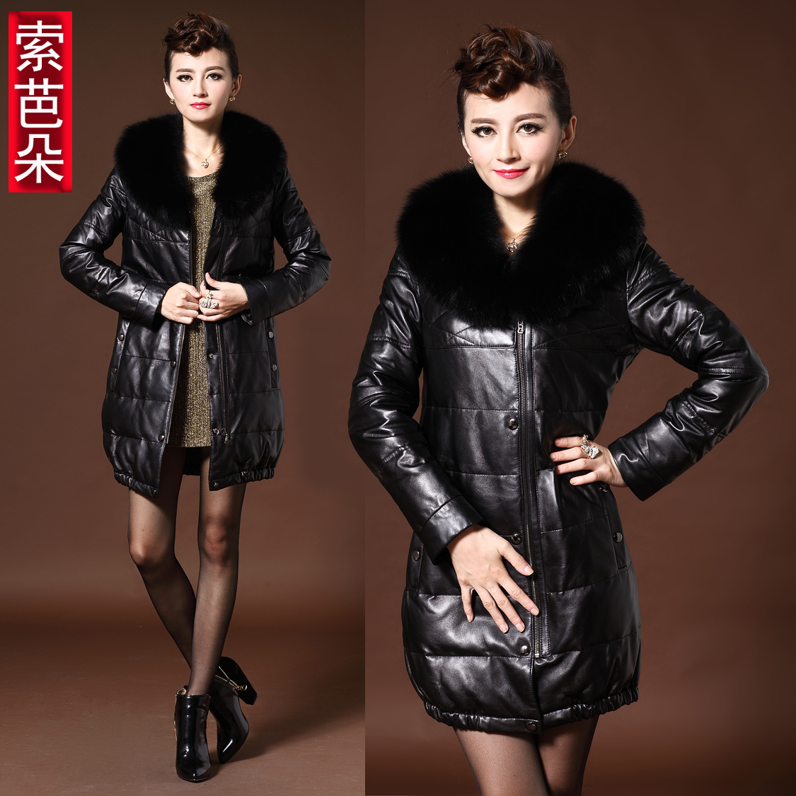 New arrival women's 2012 autumn and winter long design sheepskin fox fur leather coat long-sleeve slim genuine leather clothing