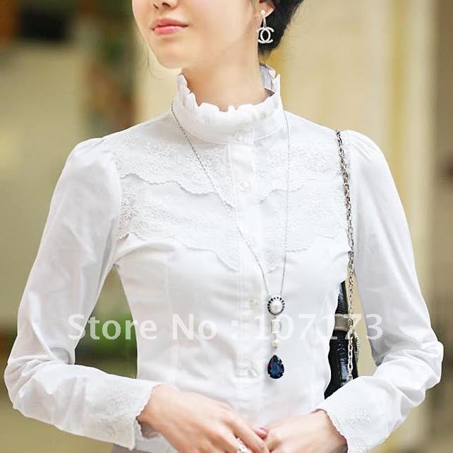 New Arrival Women's 2013 Ool Slim Stand Collar Laciness 100% Cotton Long-sleeve Shirt White Blouse