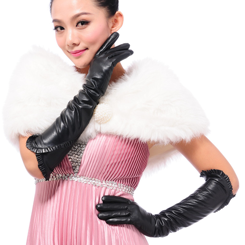 New arrival women's 45 laciness lengthen leather gloves female thermal long design sheepskin gloves genuine leather gloves
