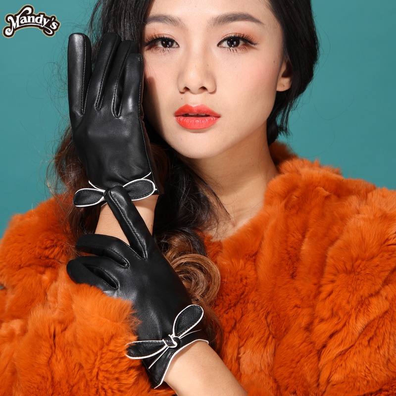 New arrival women's bow classic black and white fashion genuine leather gloves a18015