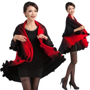 New arrival women's cloak autumn rabbit fur ball gradient color cape sweater outerwear knitted