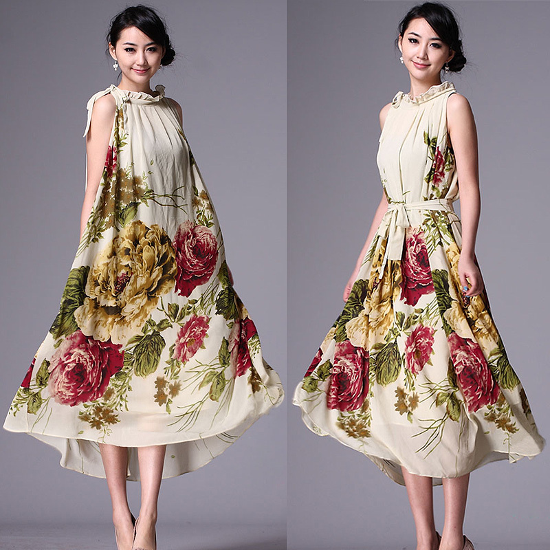 New arrival women's Elegant Print Chiffon one-piece Dress Suspender Skirt Ruffle Ultralarge Full Dress,free shipping,JW-S021