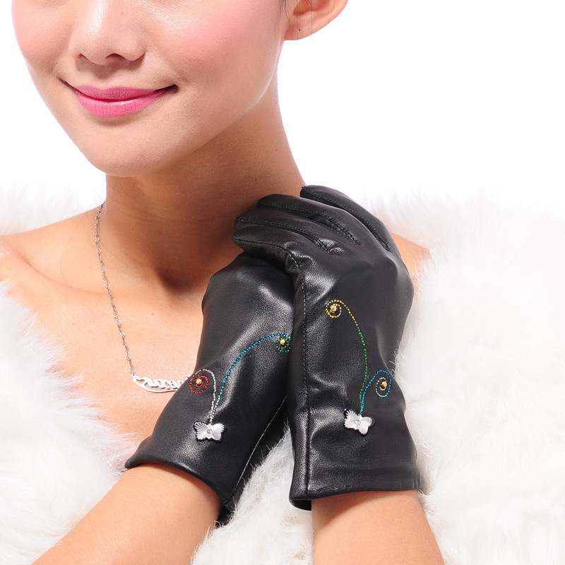 New arrival women's embroidered bow suede gloves female thin genuine leather gloves leather gloves