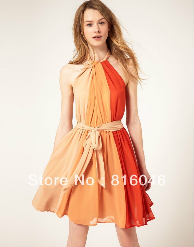 New arrival!women's fahion hit color stitching leakage shoulder chiffon skirt sexy dress for ladies