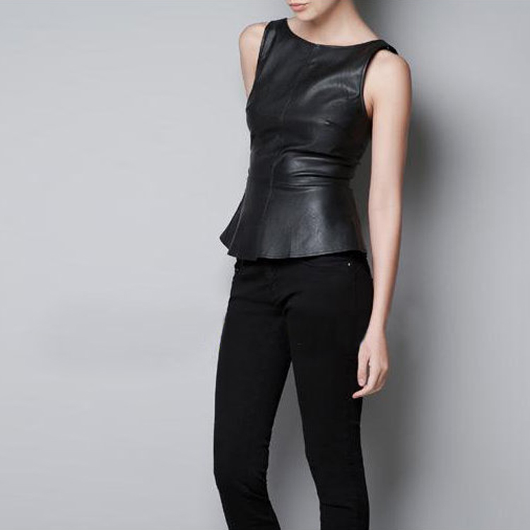 New arrival women's fashion deep V-neck racerback ruffle sleeveless small round swing genuine leather vest
