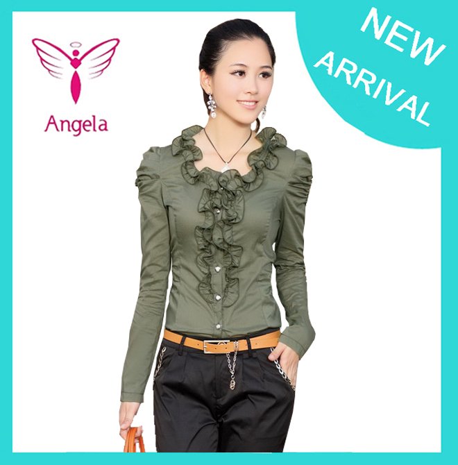 New Arrival Women's Fashion Slim Blouses Turn-down Collar Puff Sleeve Cotton Shirt WSH-004