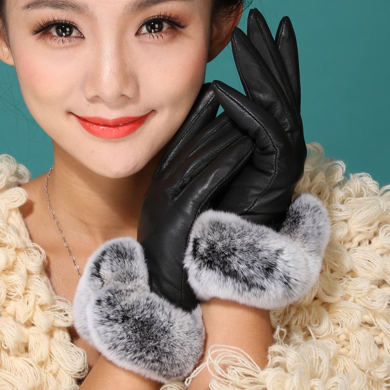 New arrival women's genuine leather gloves rex rabbit hair suede gloves women's winter thermal