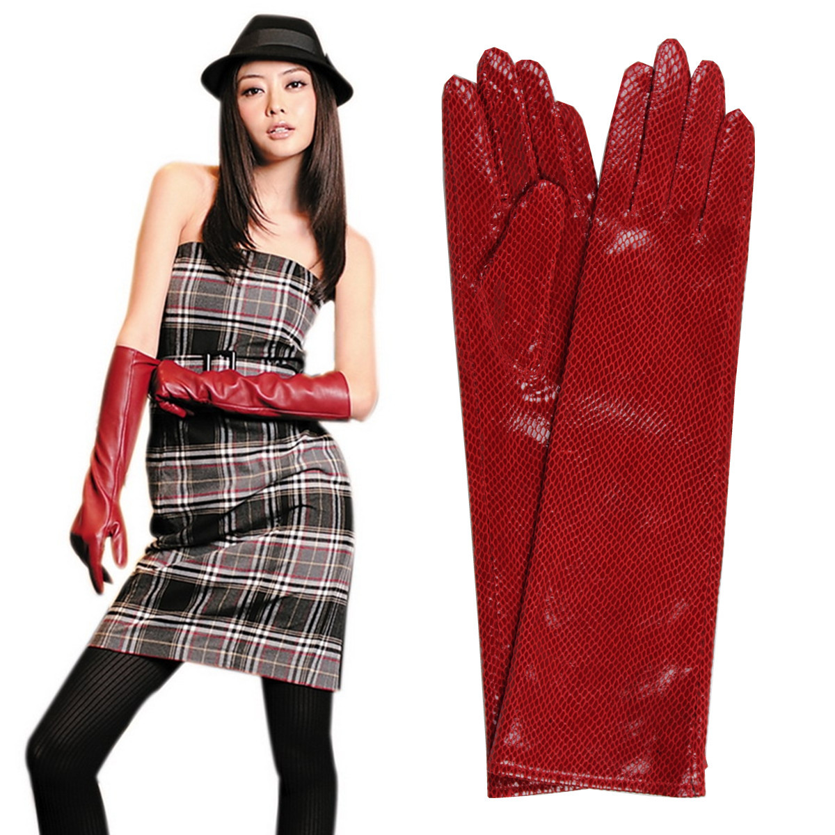 New arrival women's genuine leather long gloves fine plaid serpentine pattern design long gloves t ruslana korshunova fashion