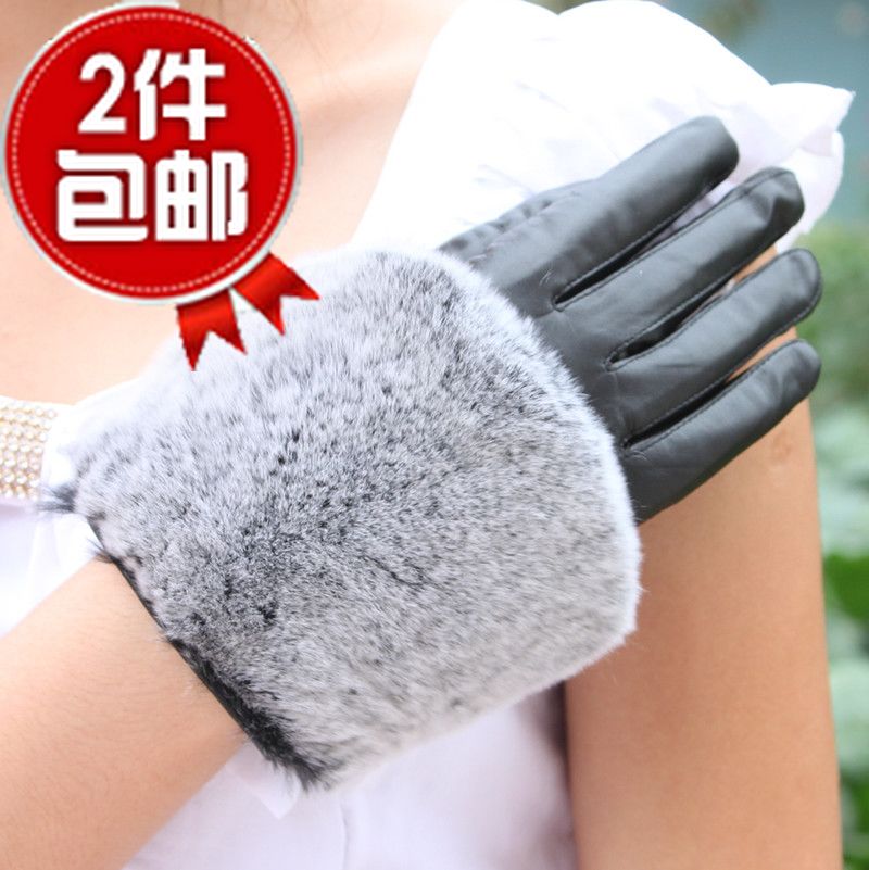 New arrival women's large rex rabbit hair leather gloves thin black genuine leather gloves sheepskin gloves rabbit fur
