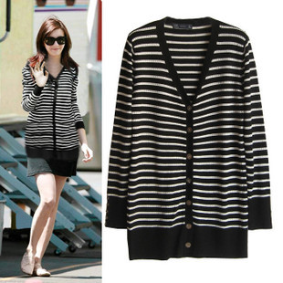 New arrival women's medium-long cardigan sweater cutout black-and-white stripe outerwear shirt loose A