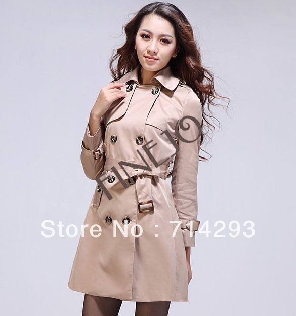 New Arrival Women's OL Double Breasted Slim Classical Khaki Women Outerwear Trench Coat free shipping 9089