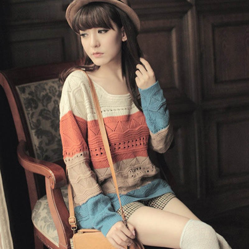 new arrival women's pullover Rainbow Hollow long-sleeve loose big sweater female knitwear