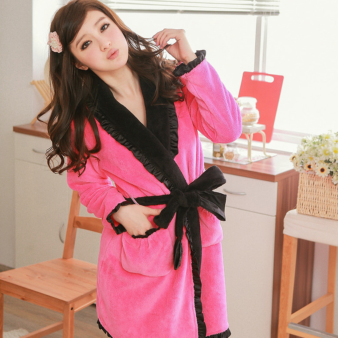 New arrival women's winter coral fleece robe bathrobes long-sleeve loose plus size sleepwear lounge YANXI 0046