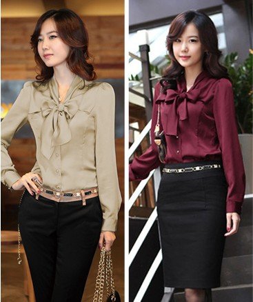 New arrival women stand bow collar t shirt Hot sale long sleeve satin blouse free shipping formal tops 687