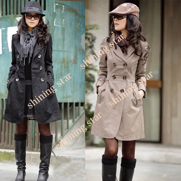 New Arrival Womens Slim Fit Trench Coat Double-breasted Long Outwear Black / Brown / Khaki 3375