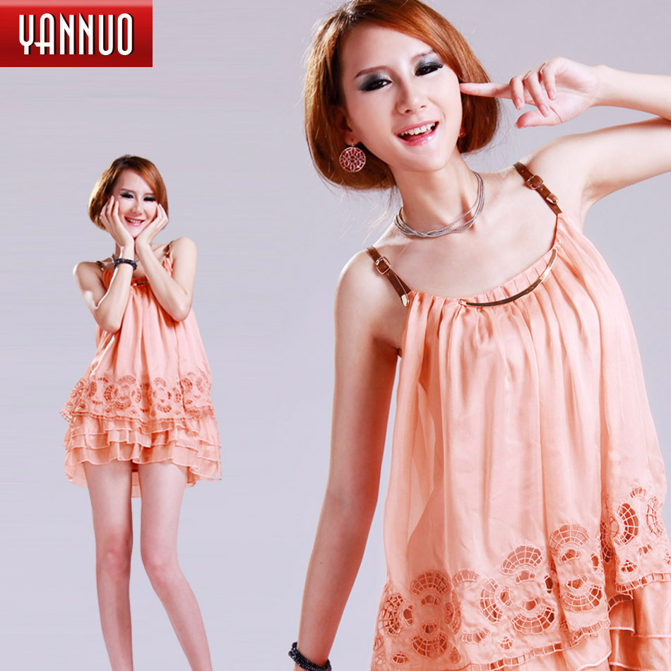 New arrival yannuo women's quality silk leather cutout the trend suspender skirt one-piece dress ca6143