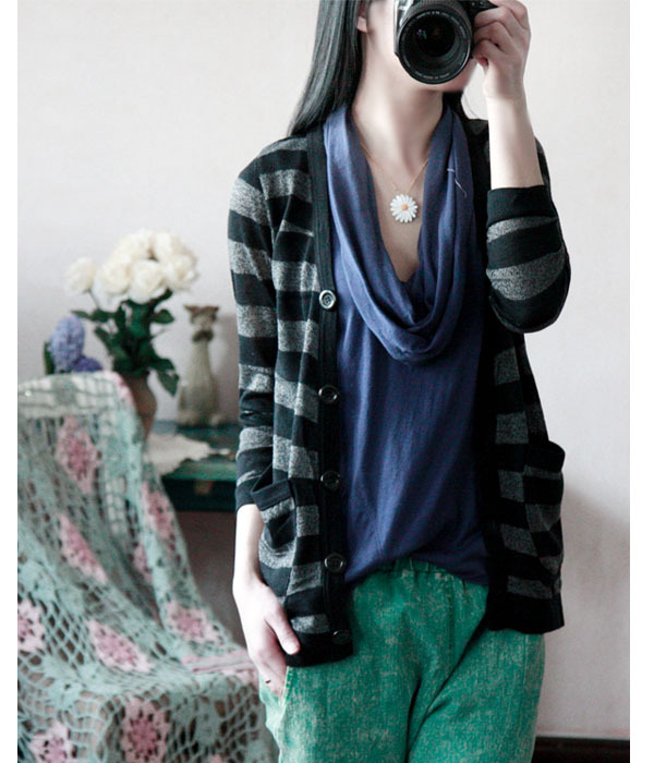 New arrivals 0.19kg 27 casual V-neck single breasted all-match stripe cardigan