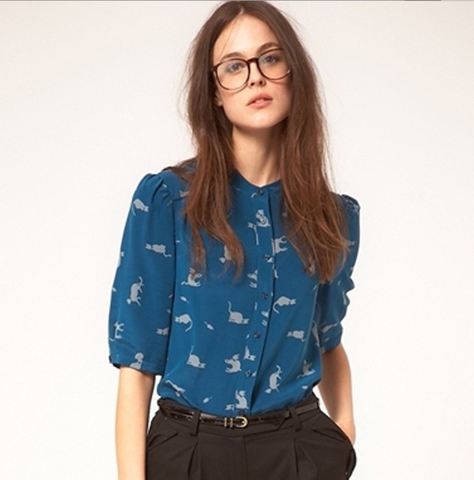 New Arrivals 2013 Spring Fashion Woman Print Cat Chiffon Blouses Classic Short Sleeves Lady Shirts Free Shipping