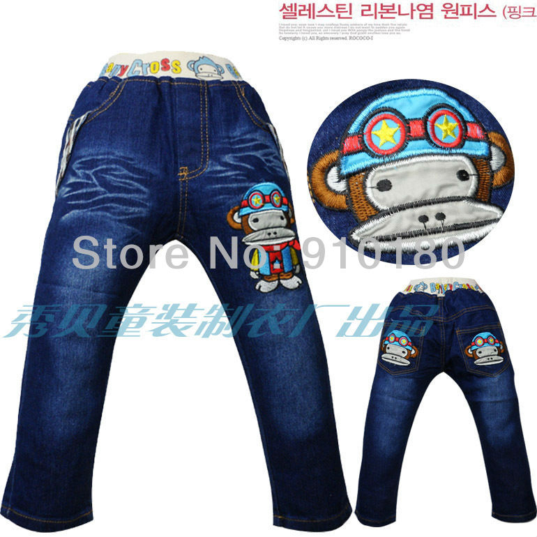New arrivals 5pcs/lot children's cartoon monkey jeans pants girls boys fashion casual jeans kids embroidery trousers