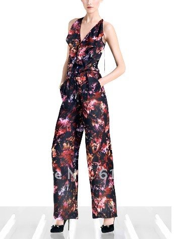 New arrivals women's print floral v-neck sexy  jumpsuit