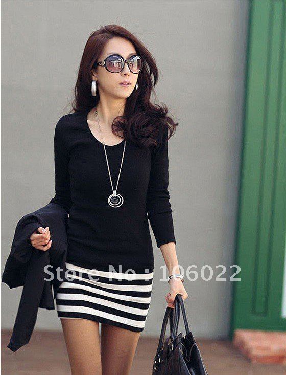 New Arrive Fashionable Large Size Brocade Dresses Slim Cut  Stylish Black Stripe Dress